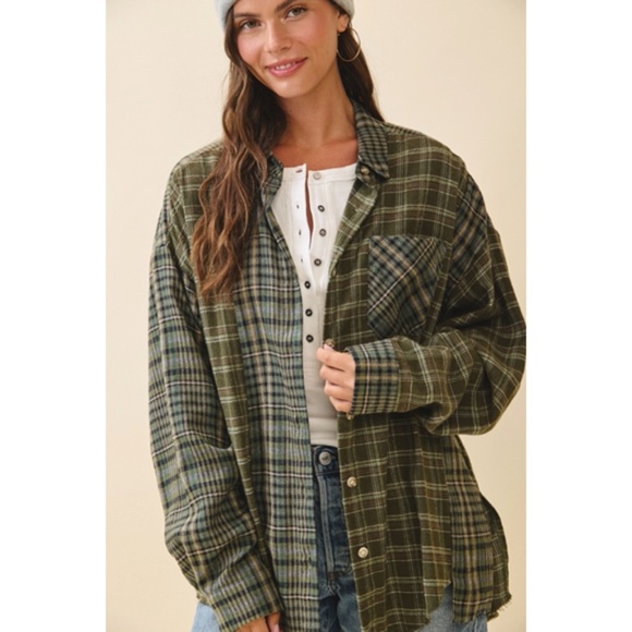 Olive Green Kambrie Button Down Plaid Patchwork Flannel Casual Shirt - Picture 3 of 9